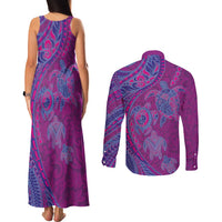 Hawaiian Turtles and Polynesian Art Tattoo Couples Matching Tank Maxi Dress and Long Sleeve Button Shirt Cerise