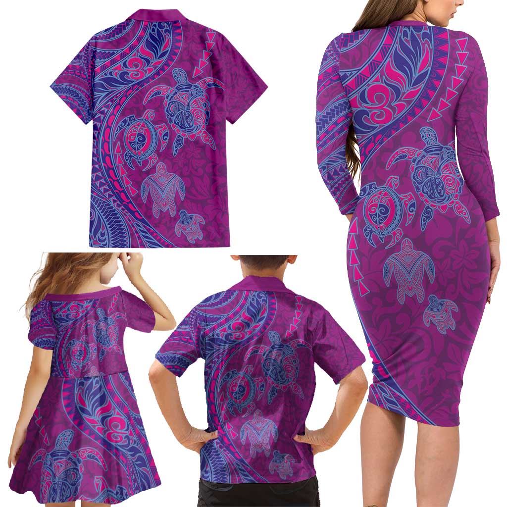 Hawaiian Turtles and Polynesian Art Tattoo Family Matching Long Sleeve Bodycon Dress and Hawaiian Shirt Cerise