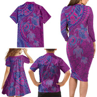 Hawaiian Turtles and Polynesian Art Tattoo Family Matching Long Sleeve Bodycon Dress and Hawaiian Shirt Cerise