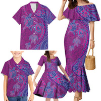 Hawaiian Turtles and Polynesian Art Tattoo Family Matching Mermaid Dress and Hawaiian Shirt Cerise