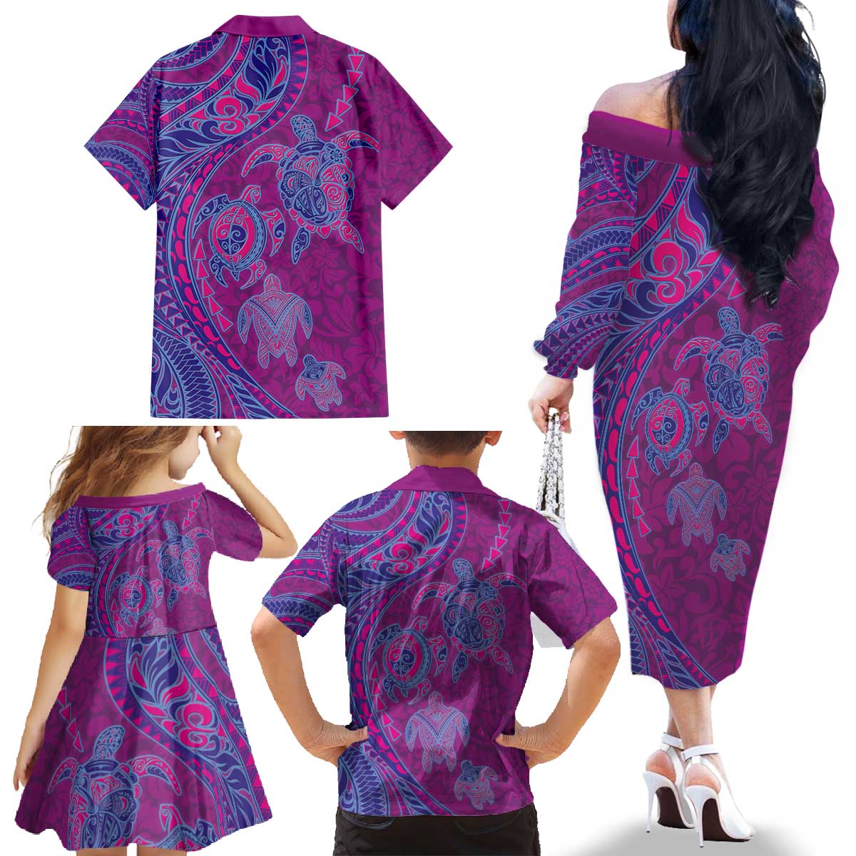Hawaiian Turtles and Polynesian Art Tattoo Family Matching Off The Shoulder Long Sleeve Dress and Hawaiian Shirt Cerise