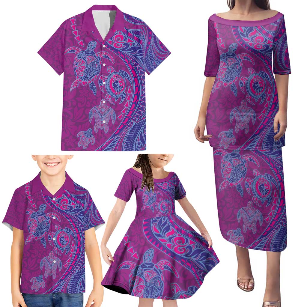 Hawaiian Turtles and Polynesian Art Tattoo Family Matching Puletasi and Hawaiian Shirt Cerise