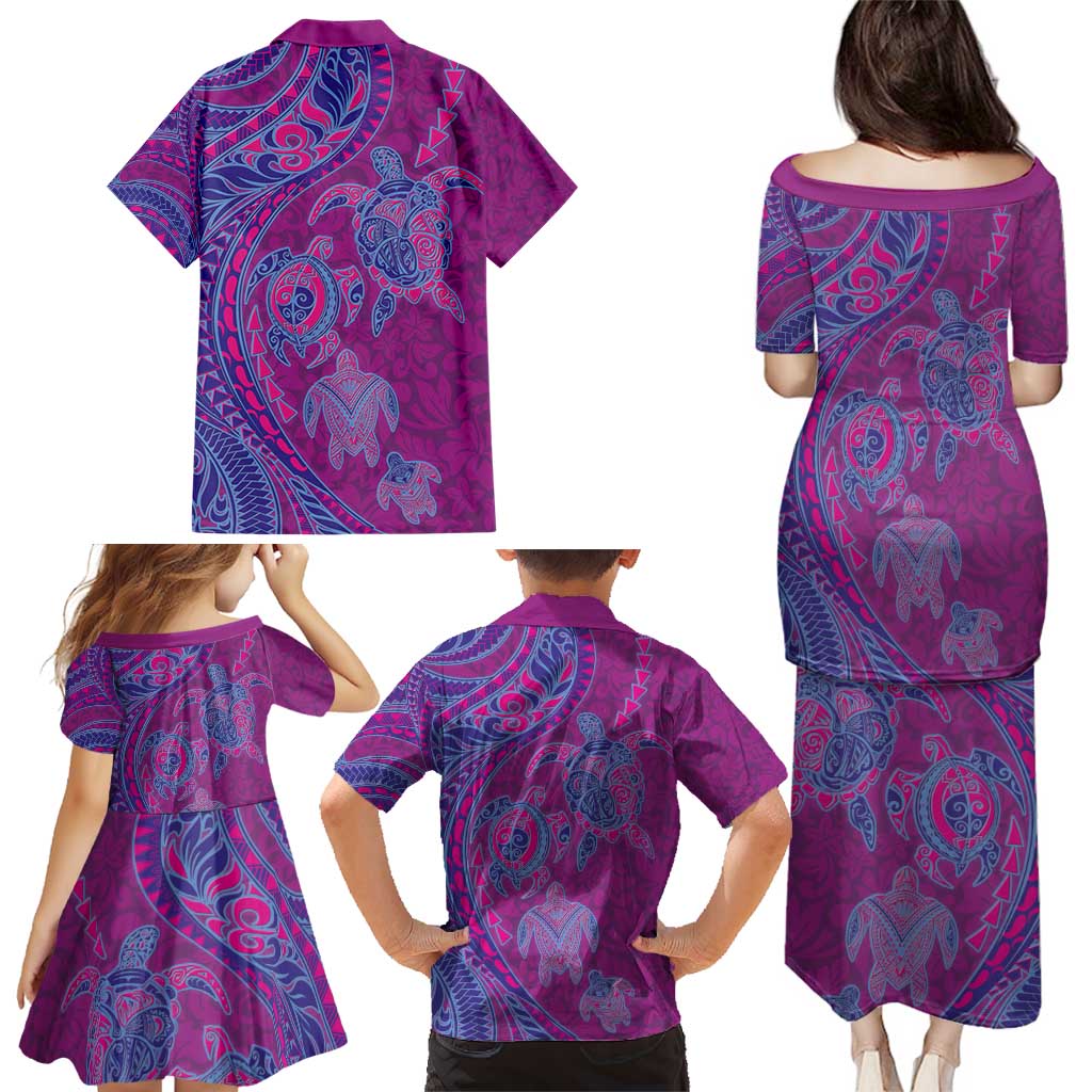 Hawaiian Turtles and Polynesian Art Tattoo Family Matching Puletasi and Hawaiian Shirt Cerise
