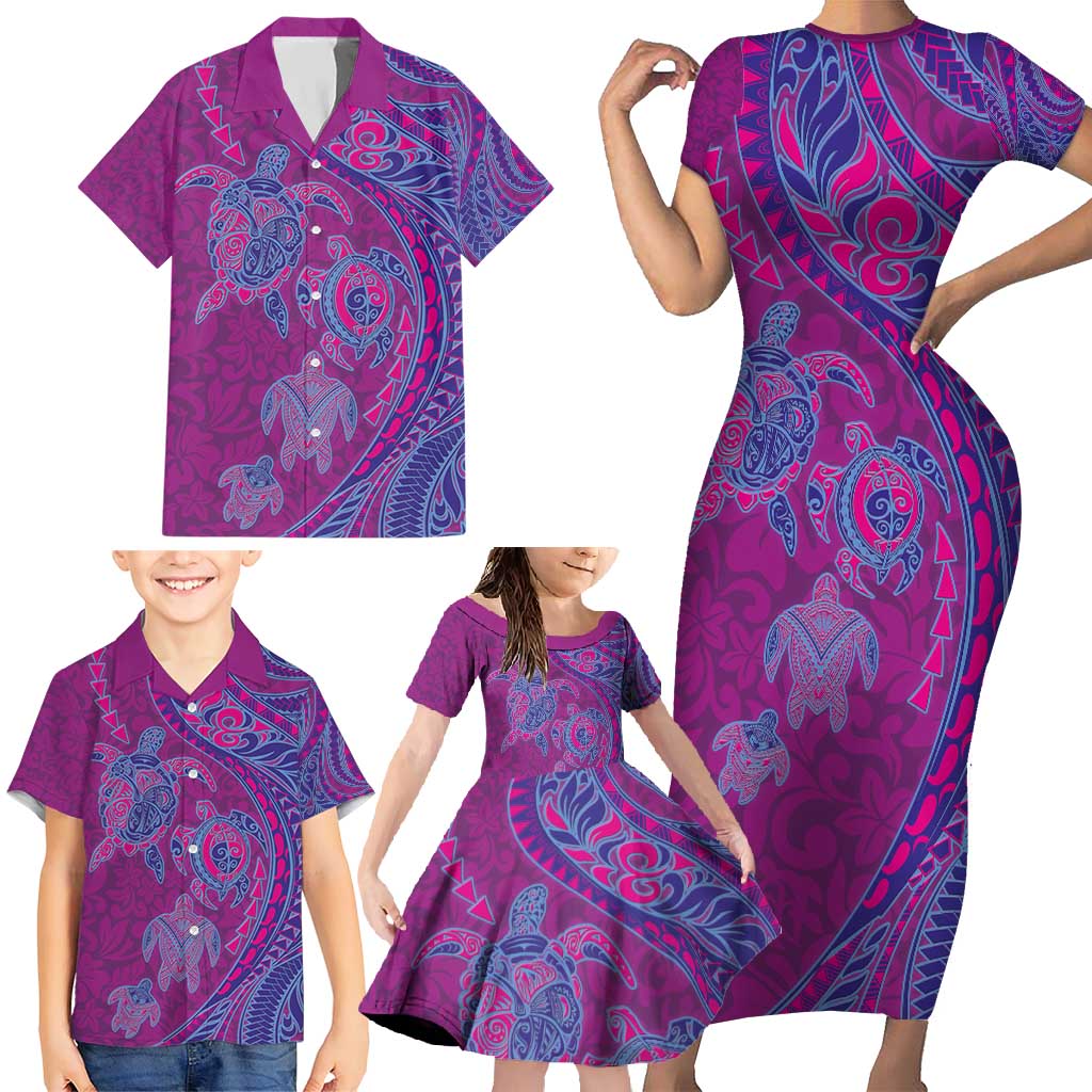 Hawaiian Turtles and Polynesian Art Tattoo Family Matching Short Sleeve Bodycon Dress and Hawaiian Shirt Cerise