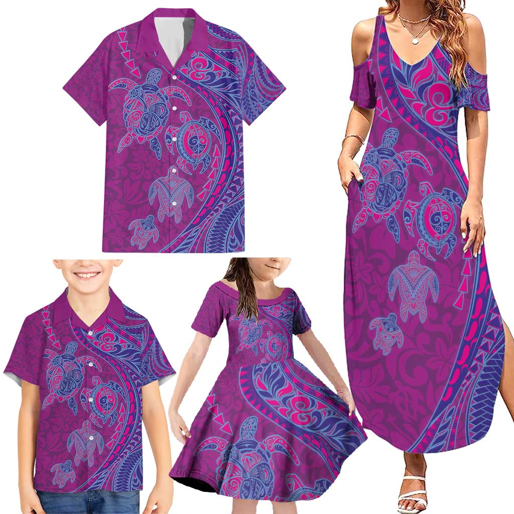Hawaiian Turtles and Polynesian Art Tattoo Family Matching Summer Maxi Dress and Hawaiian Shirt Cerise
