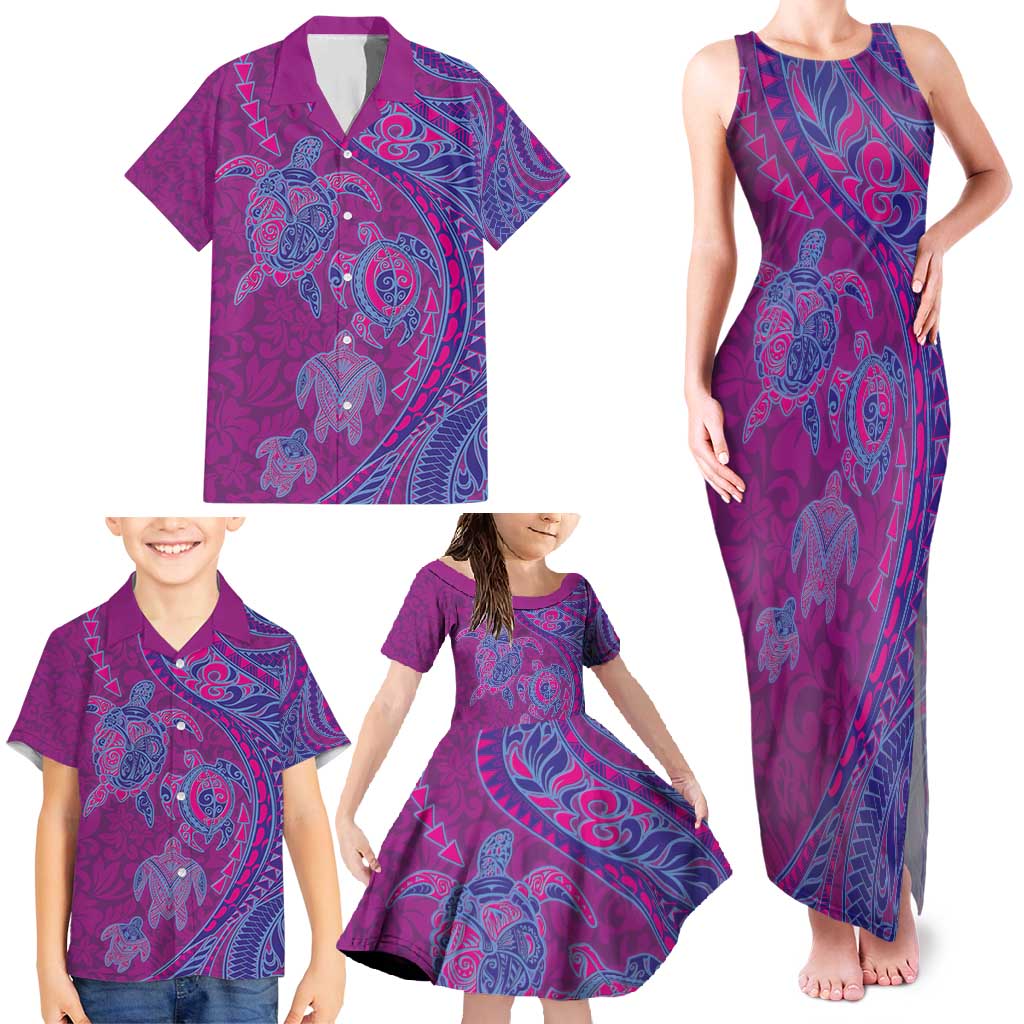Hawaiian Turtles and Polynesian Art Tattoo Family Matching Tank Maxi Dress and Hawaiian Shirt Cerise