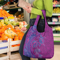 Hawaiian Turtles and Polynesian Art Tattoo Grocery Bag Cerise