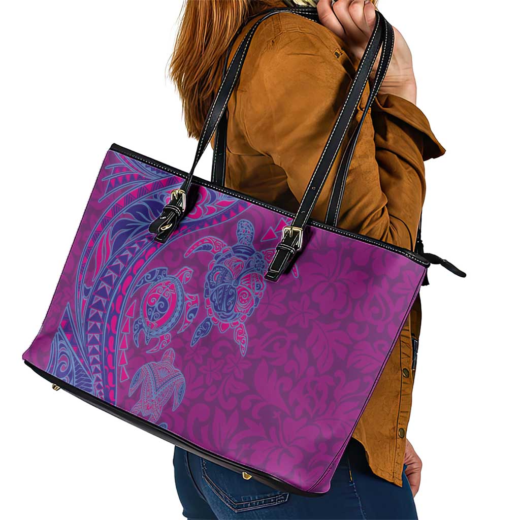 Hawaiian Turtles and Polynesian Art Tattoo Leather Tote Bag Cerise