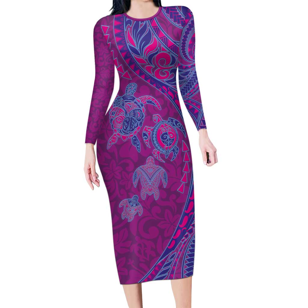 Hawaiian Turtles and Polynesian Art Tattoo Long Sleeve Bodycon Dress Cerise