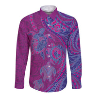 Hawaiian Turtles and Polynesian Art Tattoo Long Sleeve Button Shirt Cerise