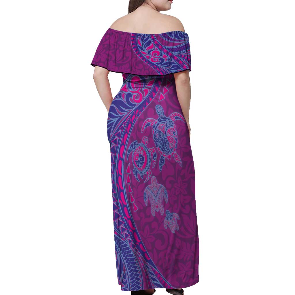 Hawaiian Turtles and Polynesian Art Tattoo Off Shoulder Maxi Dress Cerise