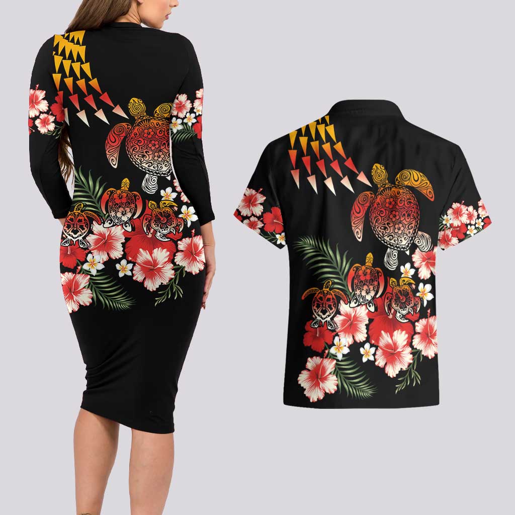 Hawaiian Hibiscus Turtle and Tropical Flower Couples Matching Long Sleeve Bodycon Dress and Hawaiian Shirt Dynamic Vibe