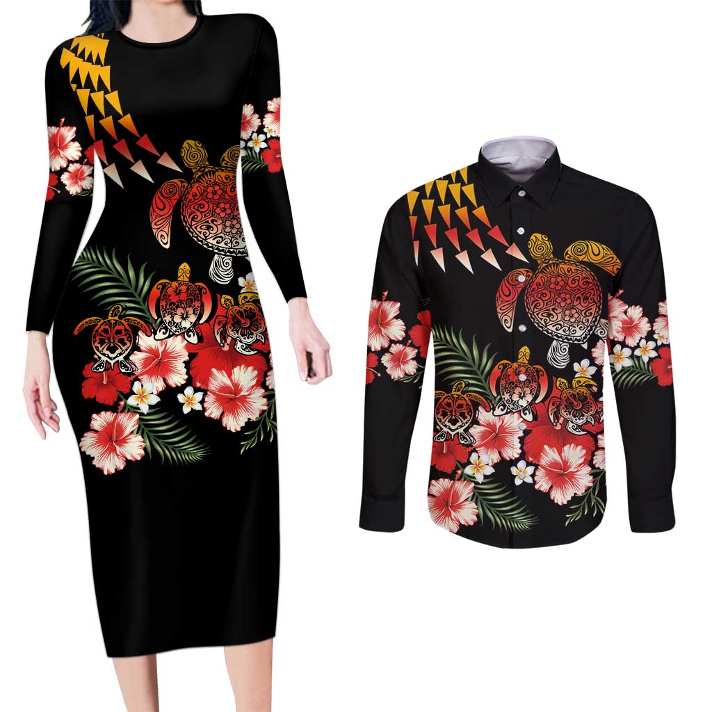 Hawaiian Hibiscus Turtle and Tropical Flower Couples Matching Long Sleeve Bodycon Dress and Long Sleeve Button Shirt Dynamic Vibe