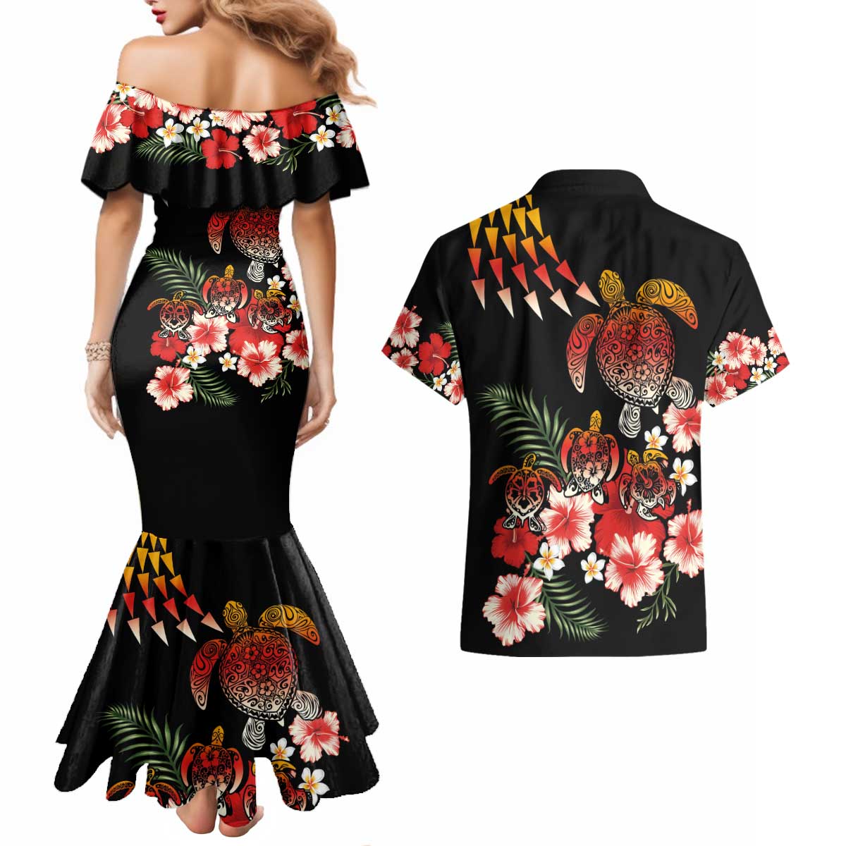 Hawaiian Hibiscus Turtle and Tropical Flower Couples Matching Mermaid Dress and Hawaiian Shirt Dynamic Vibe