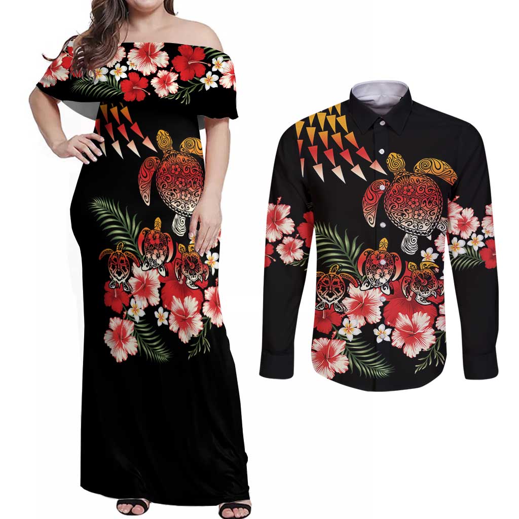 Hawaiian Hibiscus Turtle and Tropical Flower Couples Matching Off Shoulder Maxi Dress and Long Sleeve Button Shirt Dynamic Vibe