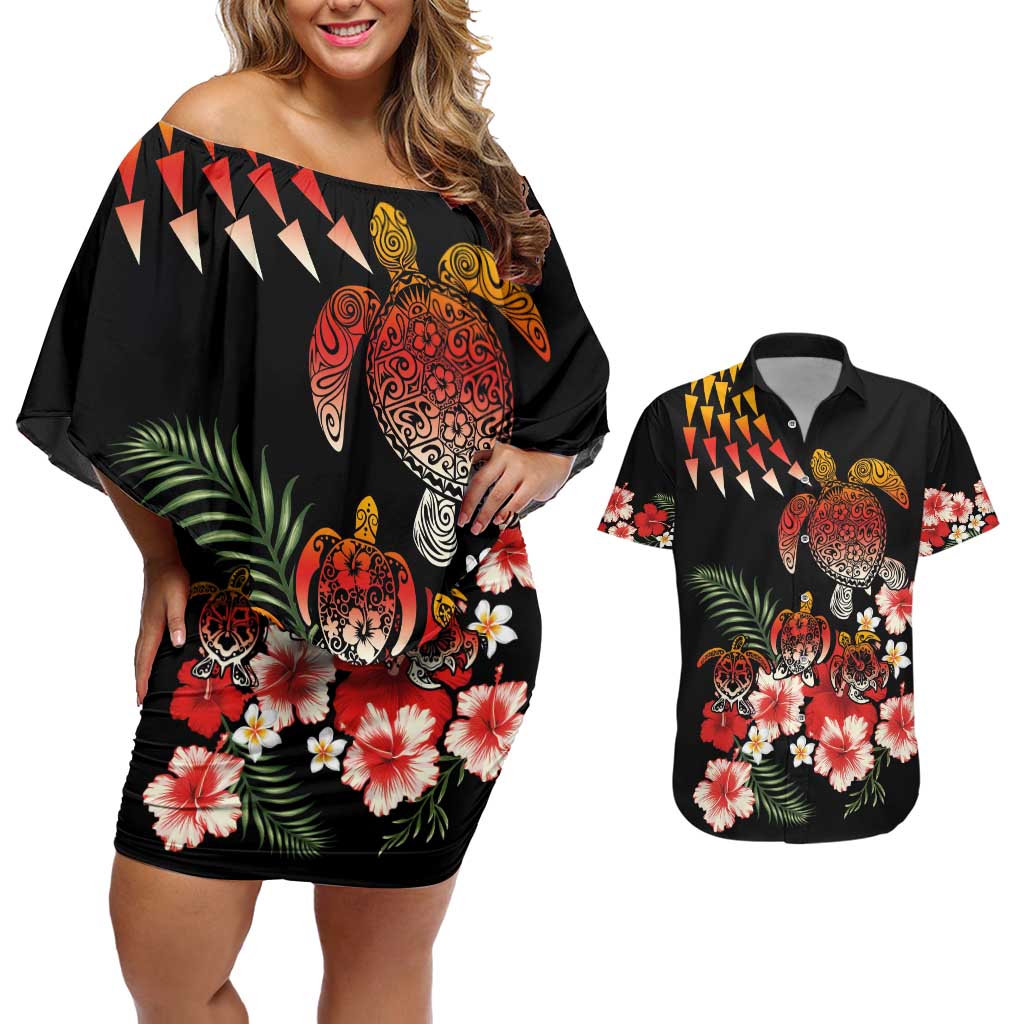 Hawaiian Hibiscus Turtle and Tropical Flower Couples Matching Off Shoulder Short Dress and Hawaiian Shirt Dynamic Vibe