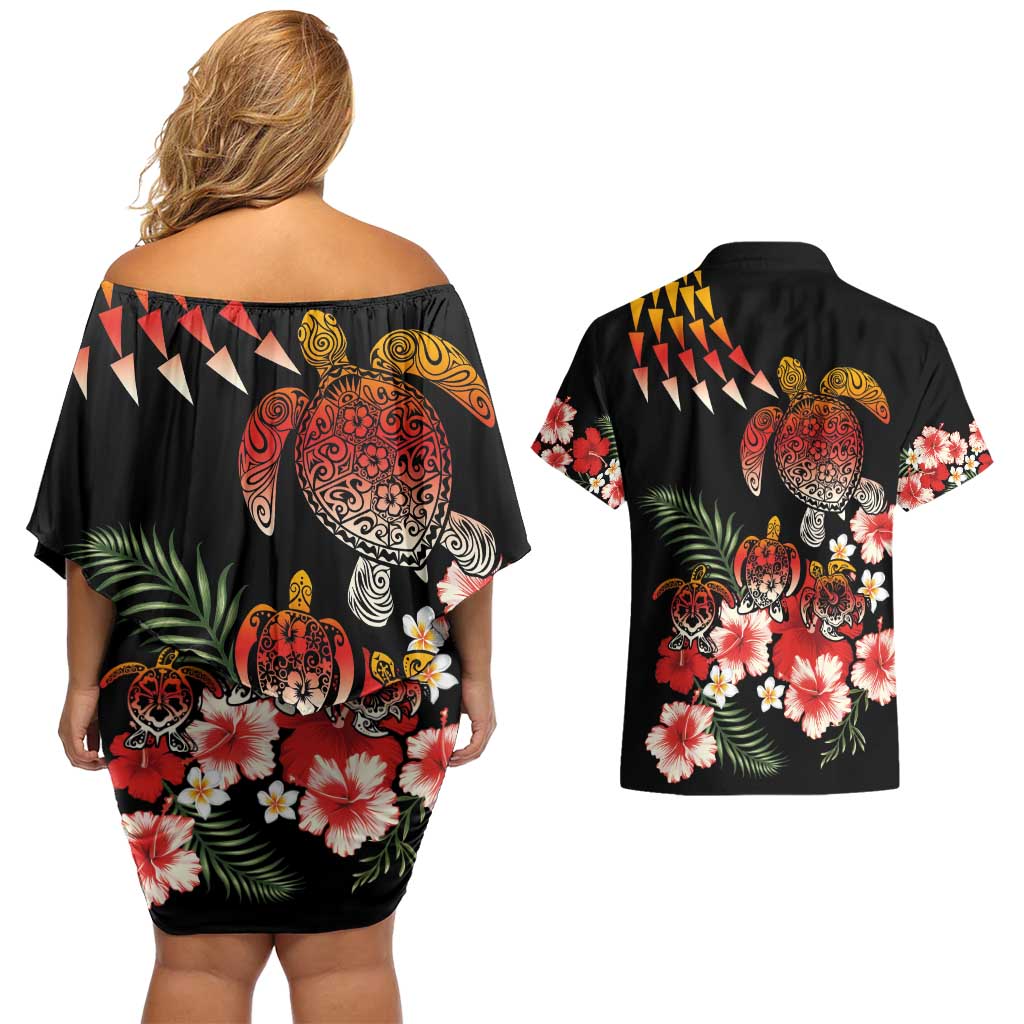 Hawaiian Hibiscus Turtle and Tropical Flower Couples Matching Off Shoulder Short Dress and Hawaiian Shirt Dynamic Vibe