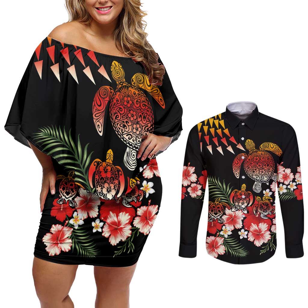 Hawaiian Hibiscus Turtle and Tropical Flower Couples Matching Off Shoulder Short Dress and Long Sleeve Button Shirt Dynamic Vibe