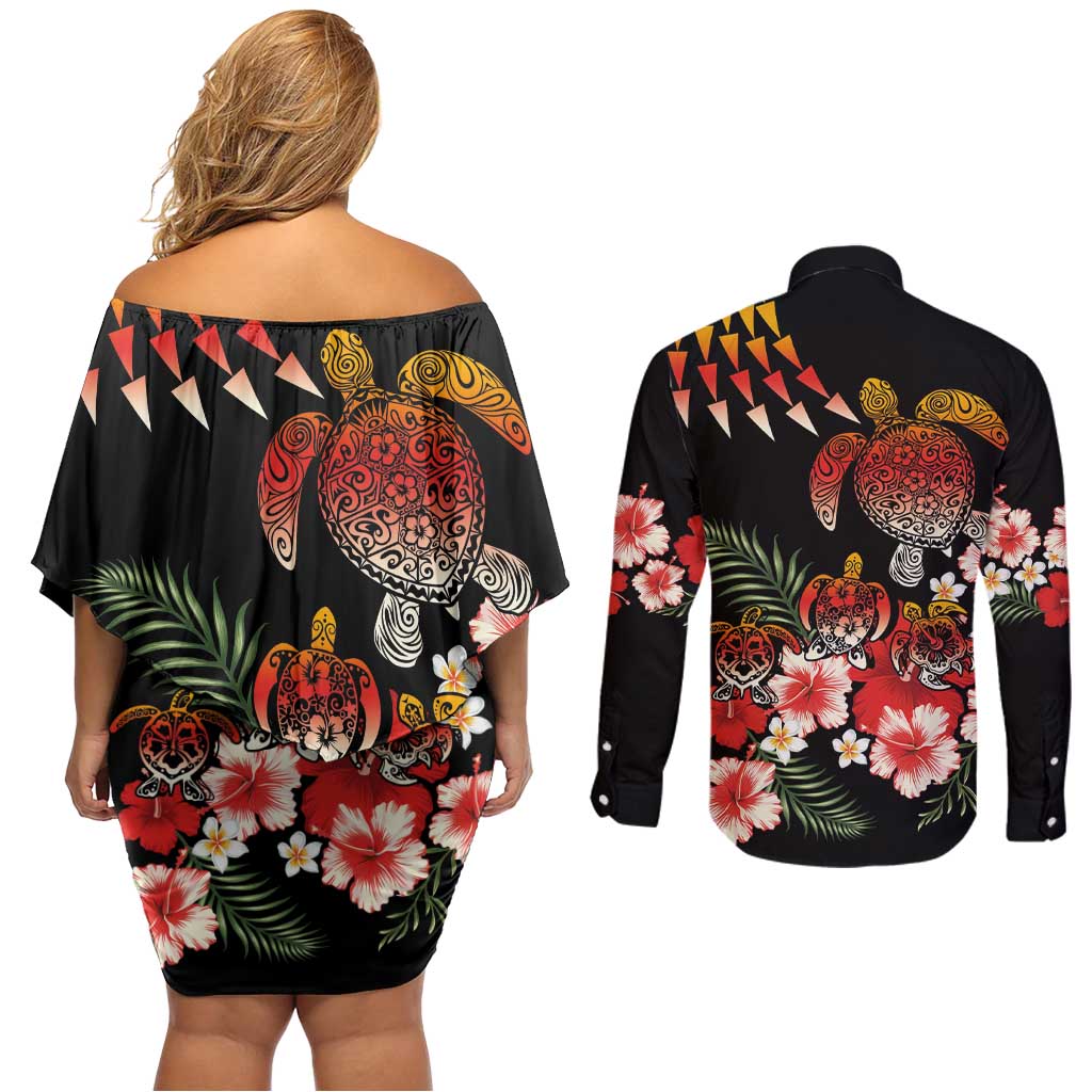 Hawaiian Hibiscus Turtle and Tropical Flower Couples Matching Off Shoulder Short Dress and Long Sleeve Button Shirt Dynamic Vibe