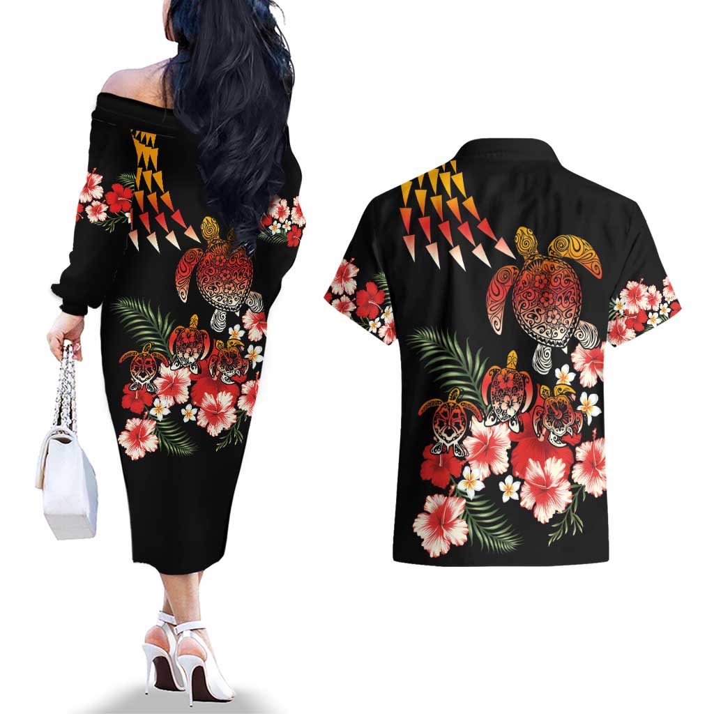 Hawaiian Hibiscus Turtle and Tropical Flower Couples Matching Off The Shoulder Long Sleeve Dress and Hawaiian Shirt Dynamic Vibe