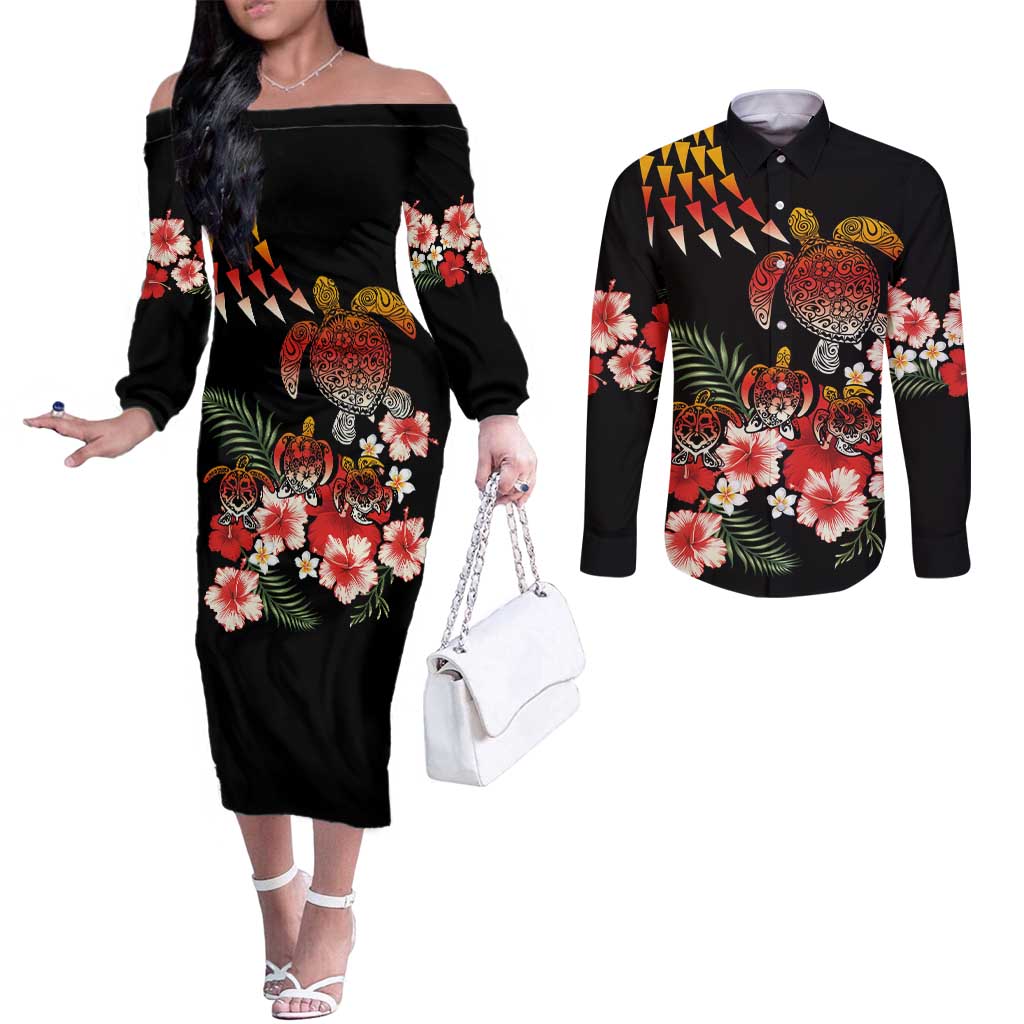 Hawaiian Hibiscus Turtle and Tropical Flower Couples Matching Off The Shoulder Long Sleeve Dress and Long Sleeve Button Shirt Dynamic Vibe