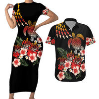 Hawaiian Hibiscus Turtle and Tropical Flower Couples Matching Short Sleeve Bodycon Dress and Hawaiian Shirt Dynamic Vibe