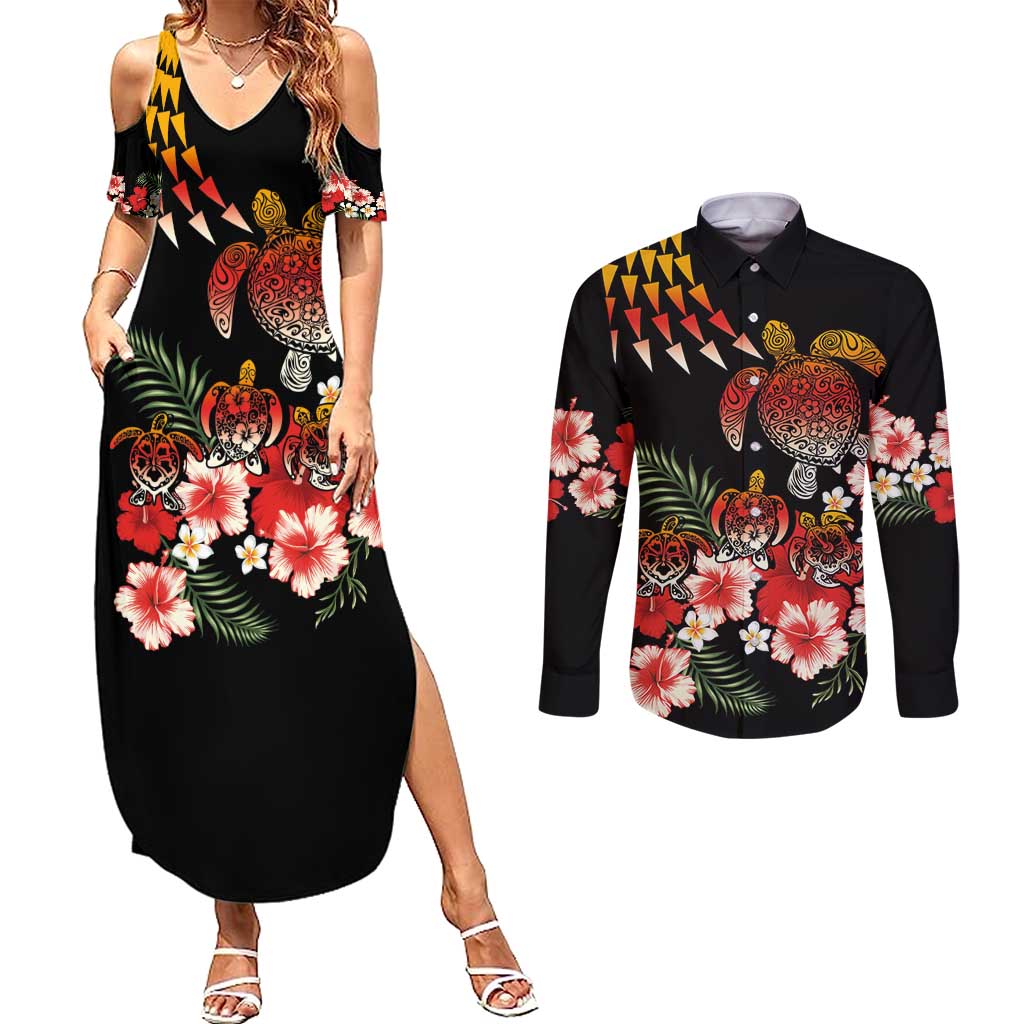 Hawaiian Hibiscus Turtle and Tropical Flower Couples Matching Summer Maxi Dress and Long Sleeve Button Shirt Dynamic Vibe