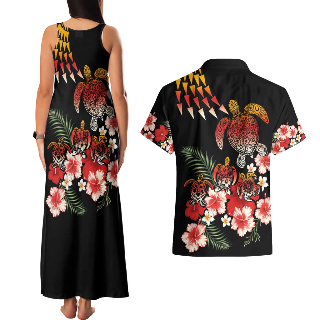 Hawaiian Hibiscus Turtle and Tropical Flower Couples Matching Tank Maxi Dress and Hawaiian Shirt Dynamic Vibe