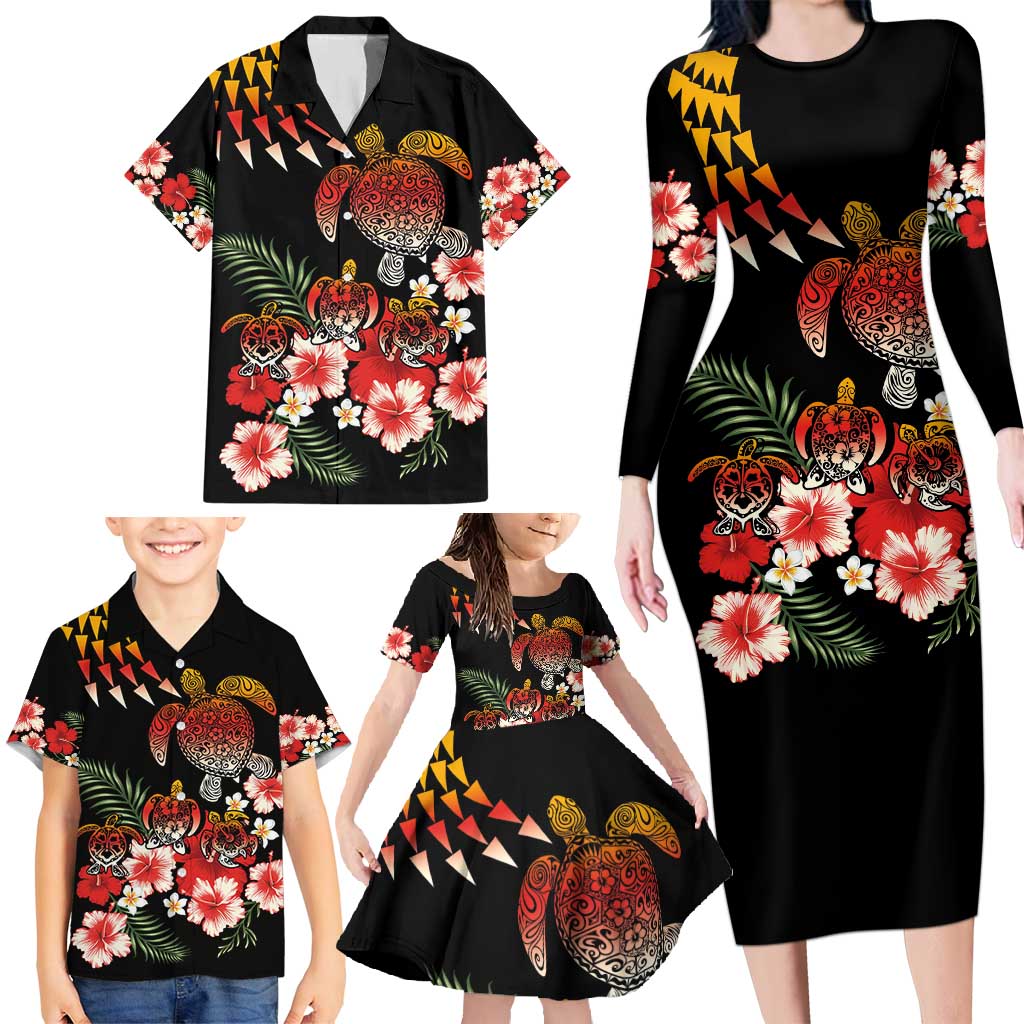 Hawaiian Hibiscus Turtle and Tropical Flower Family Matching Long Sleeve Bodycon Dress and Hawaiian Shirt Dynamic Vibe
