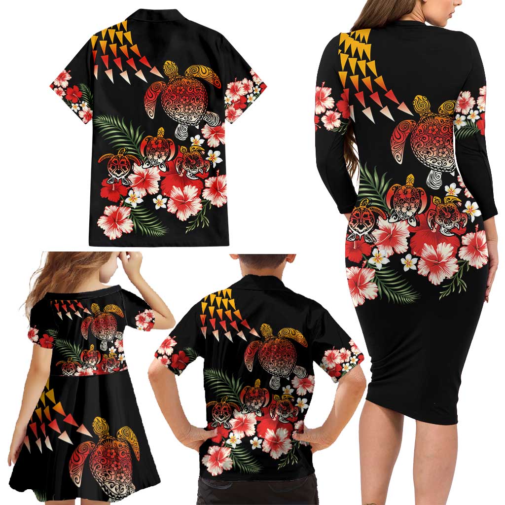 Hawaiian Hibiscus Turtle and Tropical Flower Family Matching Long Sleeve Bodycon Dress and Hawaiian Shirt Dynamic Vibe