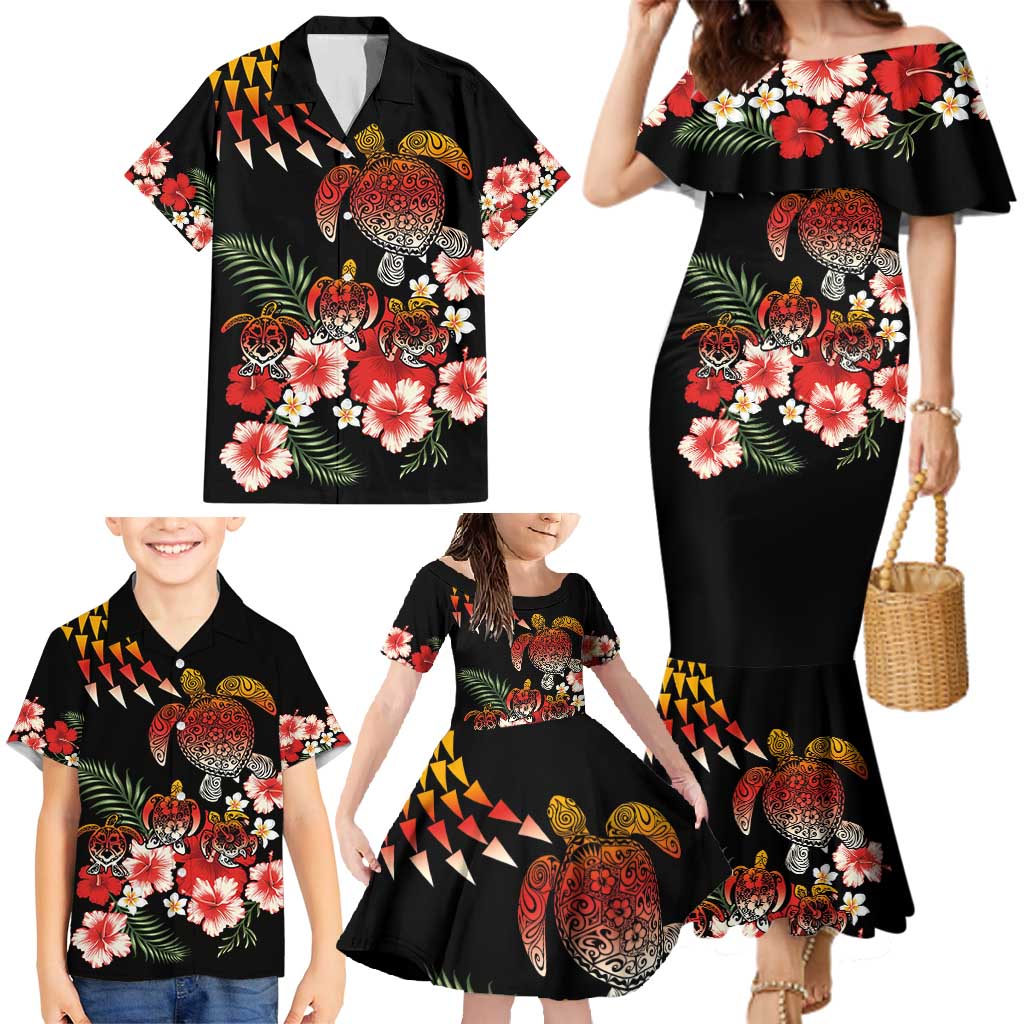 Hawaiian Hibiscus Turtle and Tropical Flower Family Matching Mermaid Dress and Hawaiian Shirt Dynamic Vibe