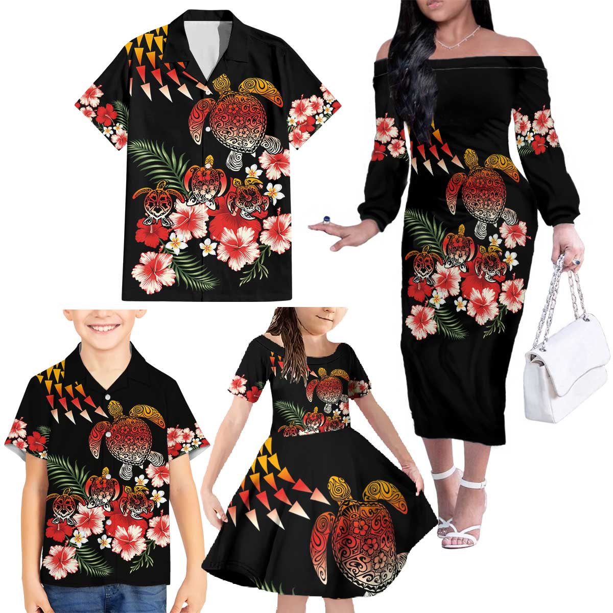 Hawaiian Hibiscus Turtle and Tropical Flower Family Matching Off The Shoulder Long Sleeve Dress and Hawaiian Shirt Dynamic Vibe