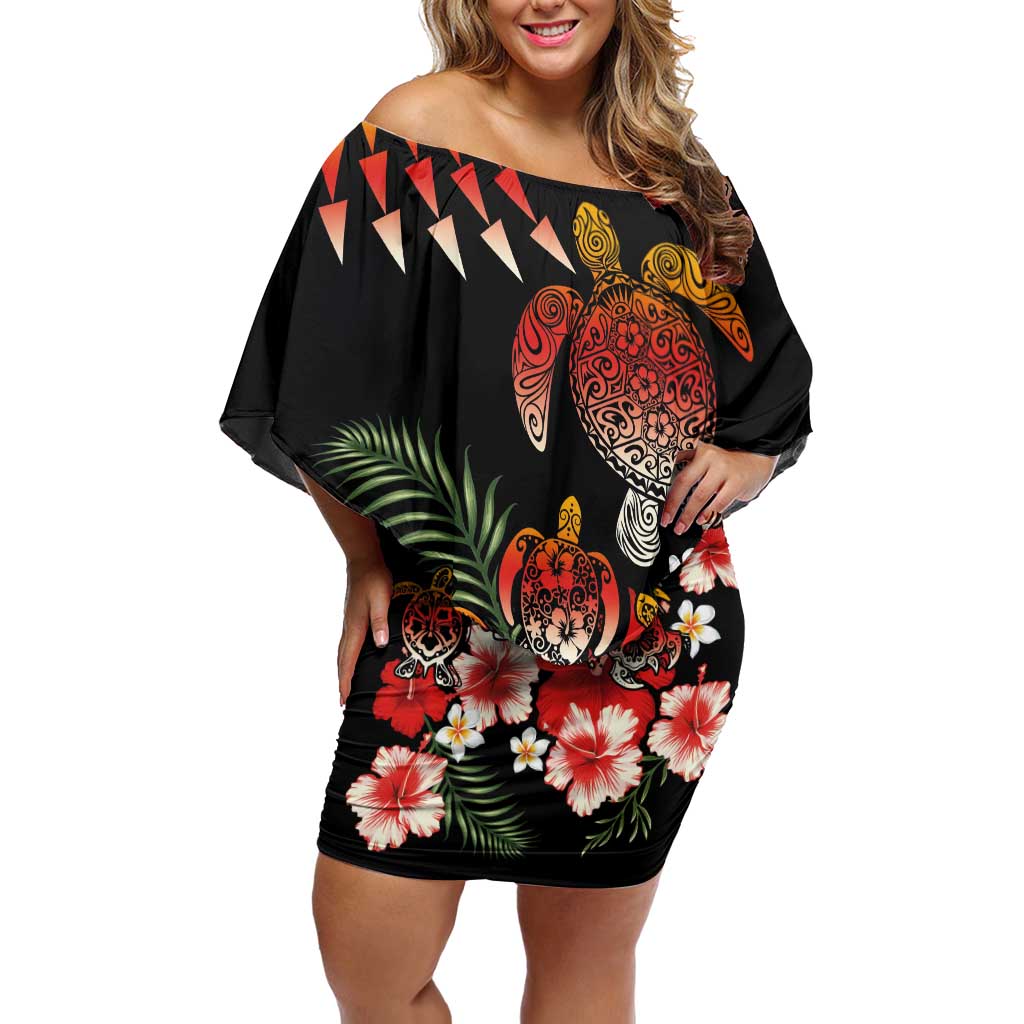 Hawaiian Hibiscus Turtle and Tropical Flower Family Matching Off Shoulder Short Dress and Hawaiian Shirt Dynamic Vibe