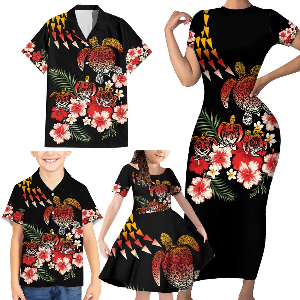 Hawaiian Hibiscus Turtle and Tropical Flower Family Matching Short Sleeve Bodycon Dress and Hawaiian Shirt Dynamic Vibe