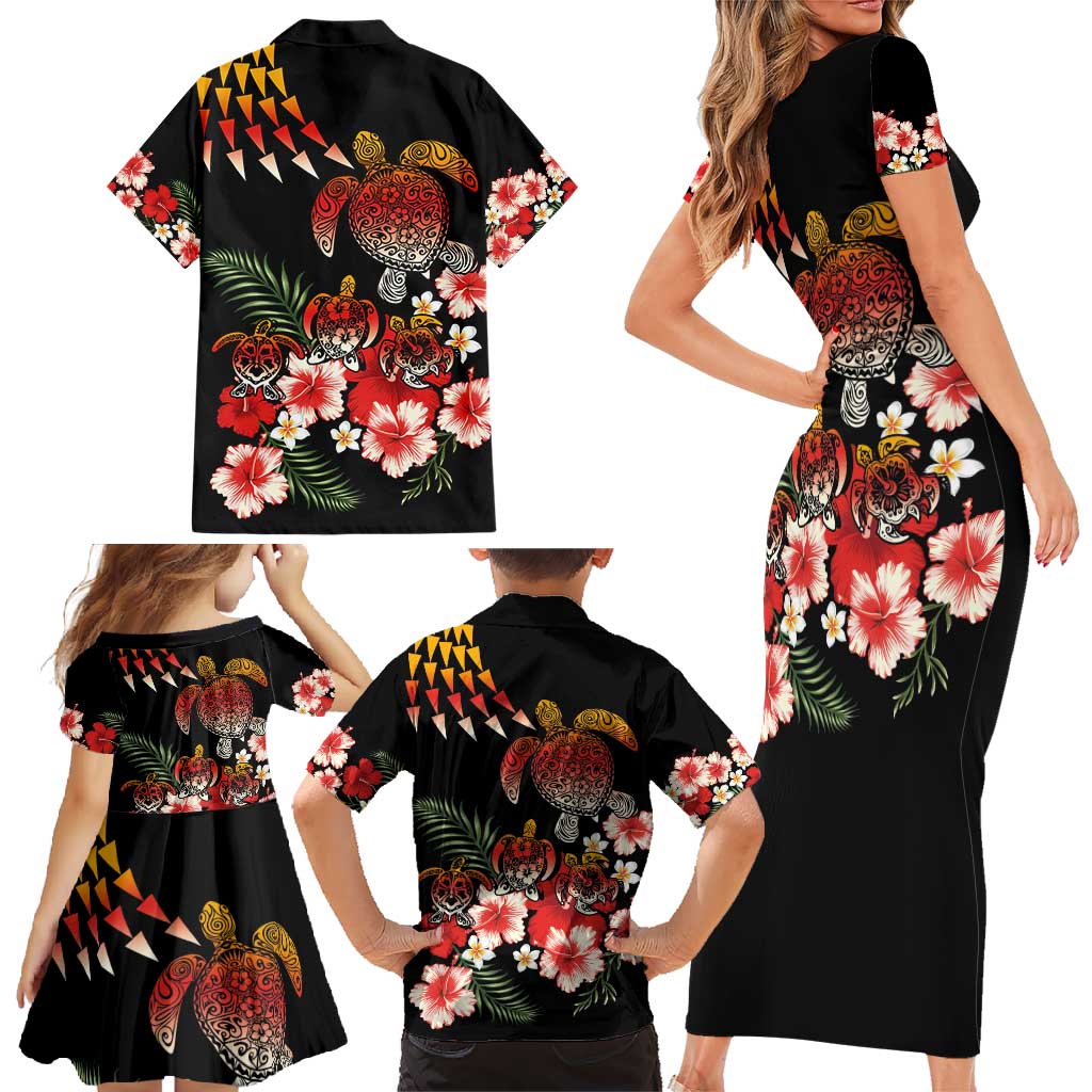 Hawaiian Hibiscus Turtle and Tropical Flower Family Matching Short Sleeve Bodycon Dress and Hawaiian Shirt Dynamic Vibe