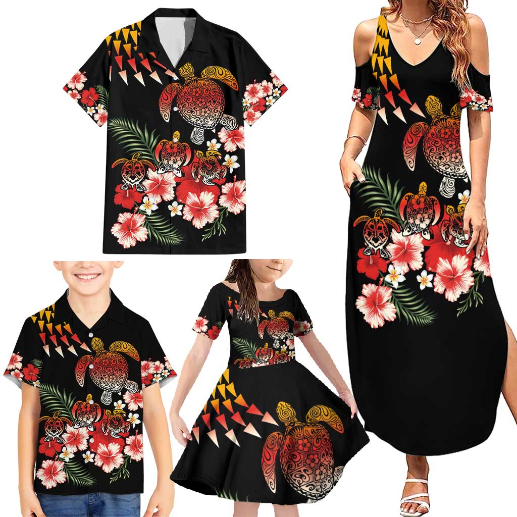 Hawaiian Hibiscus Turtle and Tropical Flower Family Matching Summer Maxi Dress and Hawaiian Shirt Dynamic Vibe