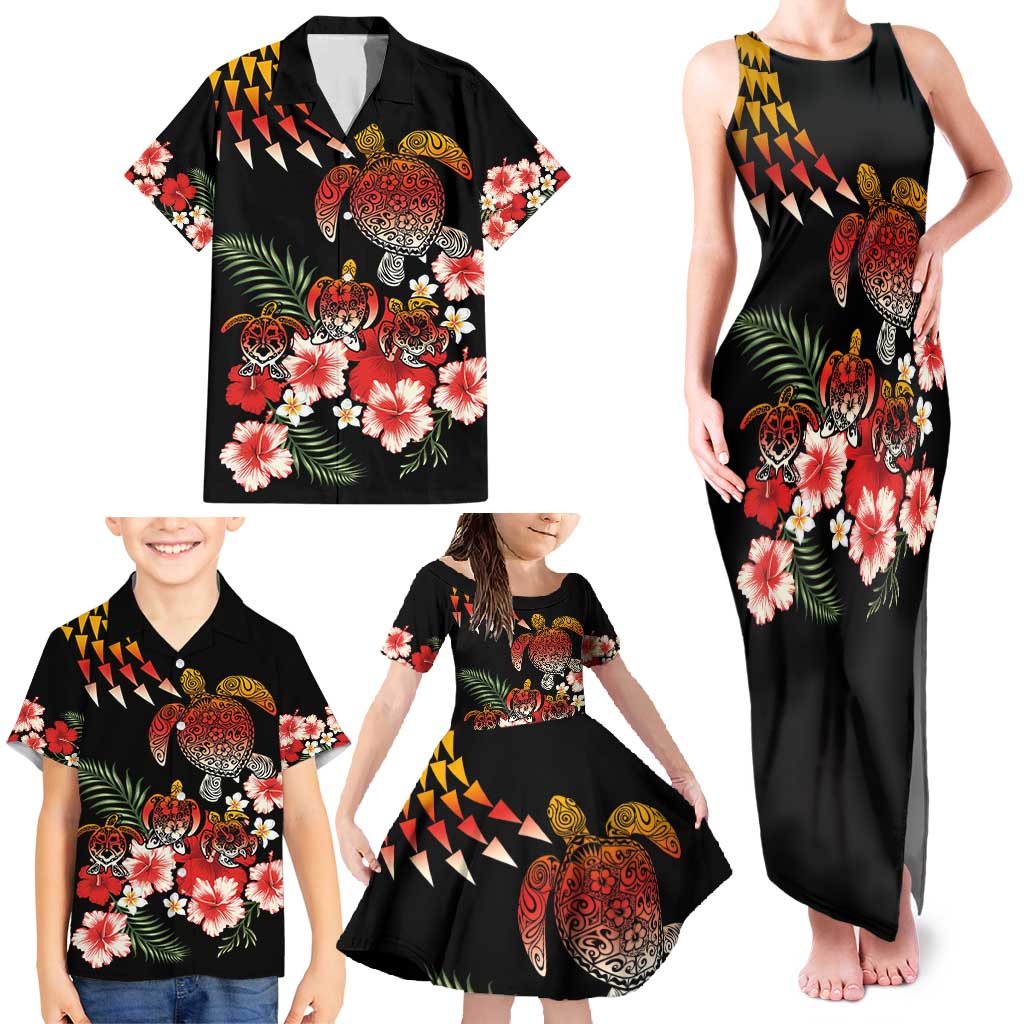 Hawaiian Hibiscus Turtle and Tropical Flower Family Matching Tank Maxi Dress and Hawaiian Shirt Dynamic Vibe