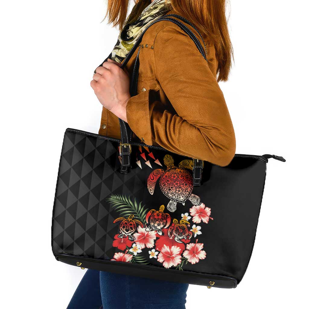 Hawaiian Hibiscus Turtle and Tropical Flower Leather Tote Bag Dynamic Vibe