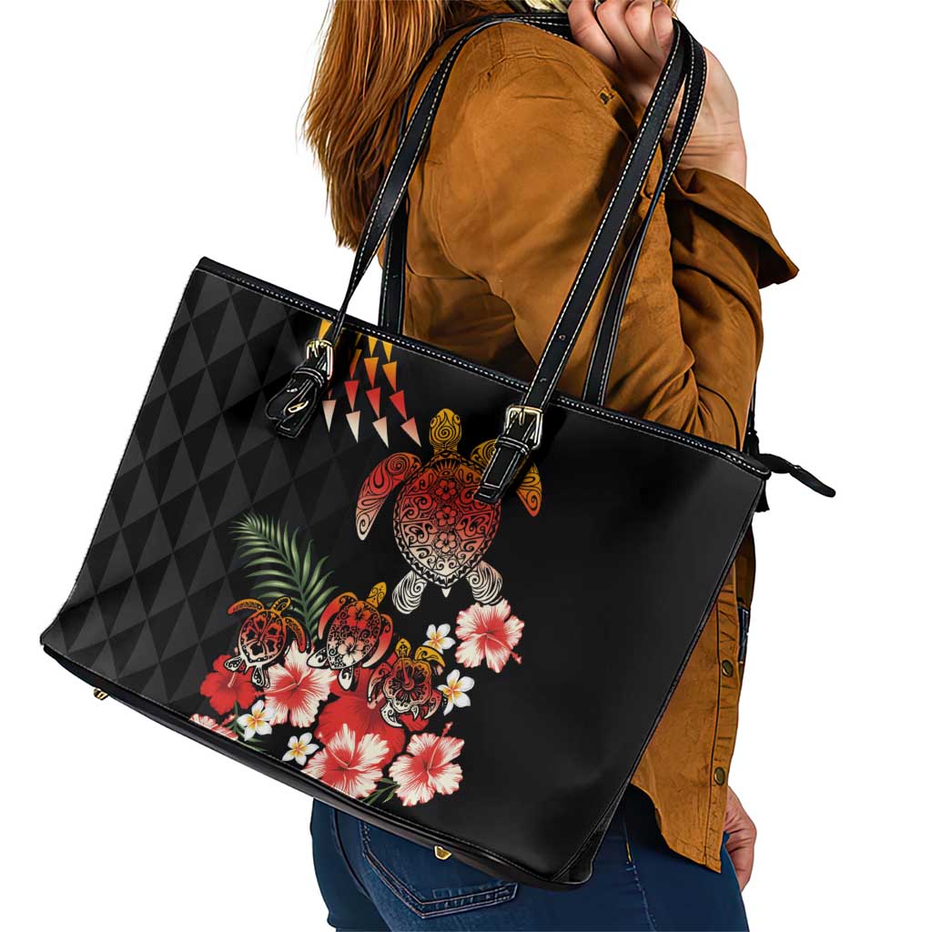 Hawaiian Hibiscus Turtle and Tropical Flower Leather Tote Bag Dynamic Vibe