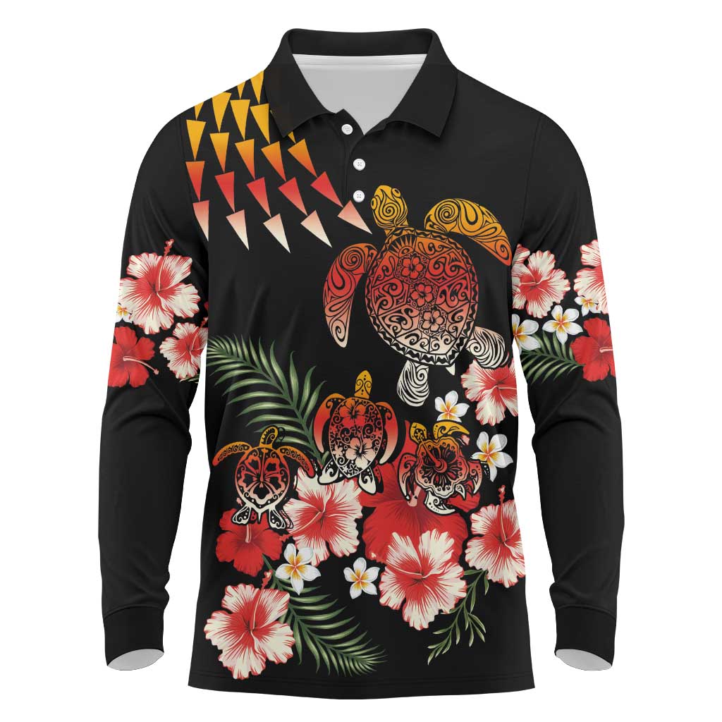Hawaiian Hibiscus Turtle and Tropical Flower Long Sleeve Polo Shirt Dynamic Vibe
