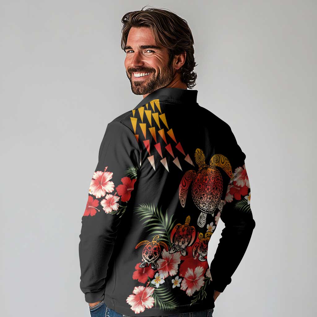 Hawaiian Hibiscus Turtle and Tropical Flower Long Sleeve Polo Shirt Dynamic Vibe