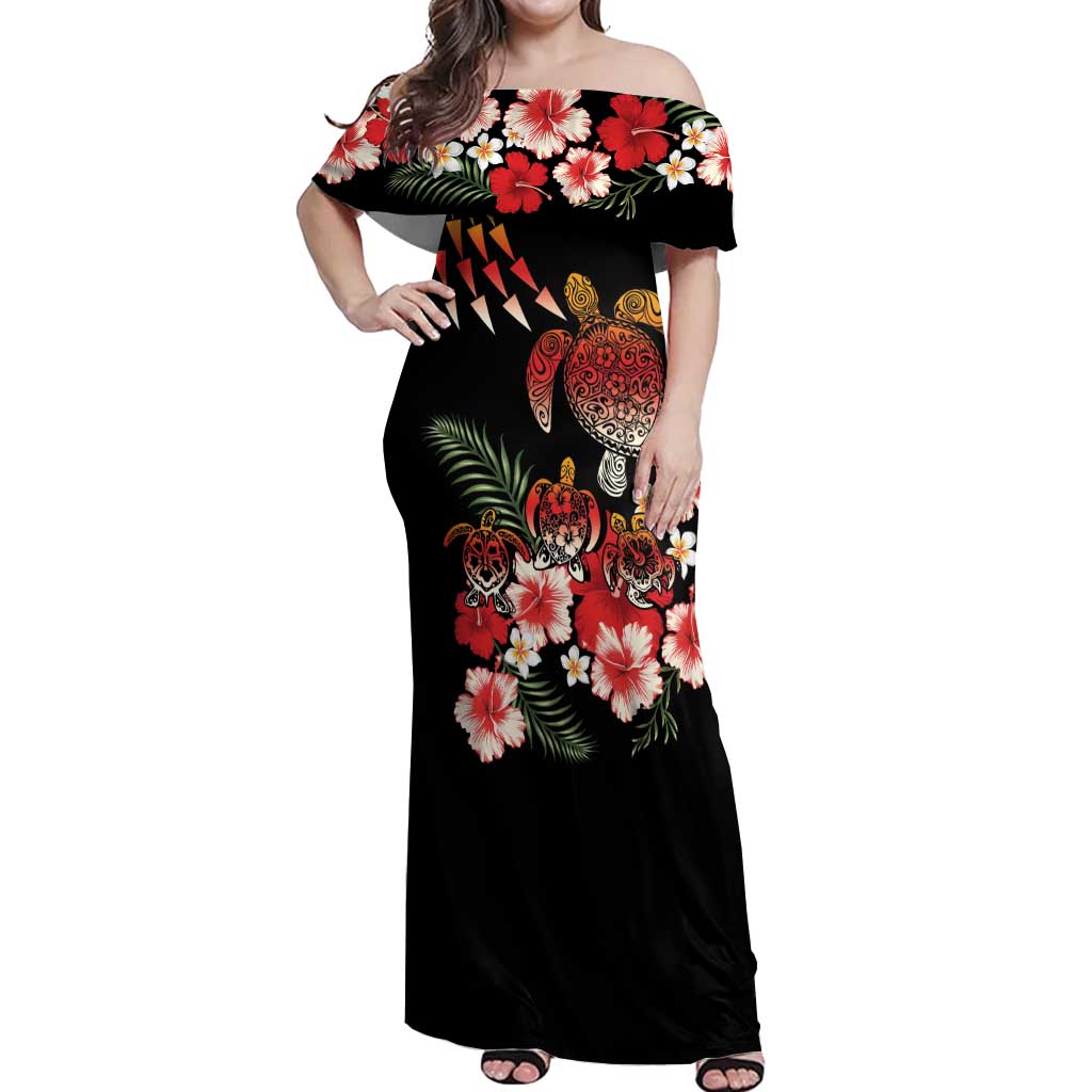 Hawaiian Hibiscus Turtle and Tropical Flower Off Shoulder Maxi Dress Dynamic Vibe