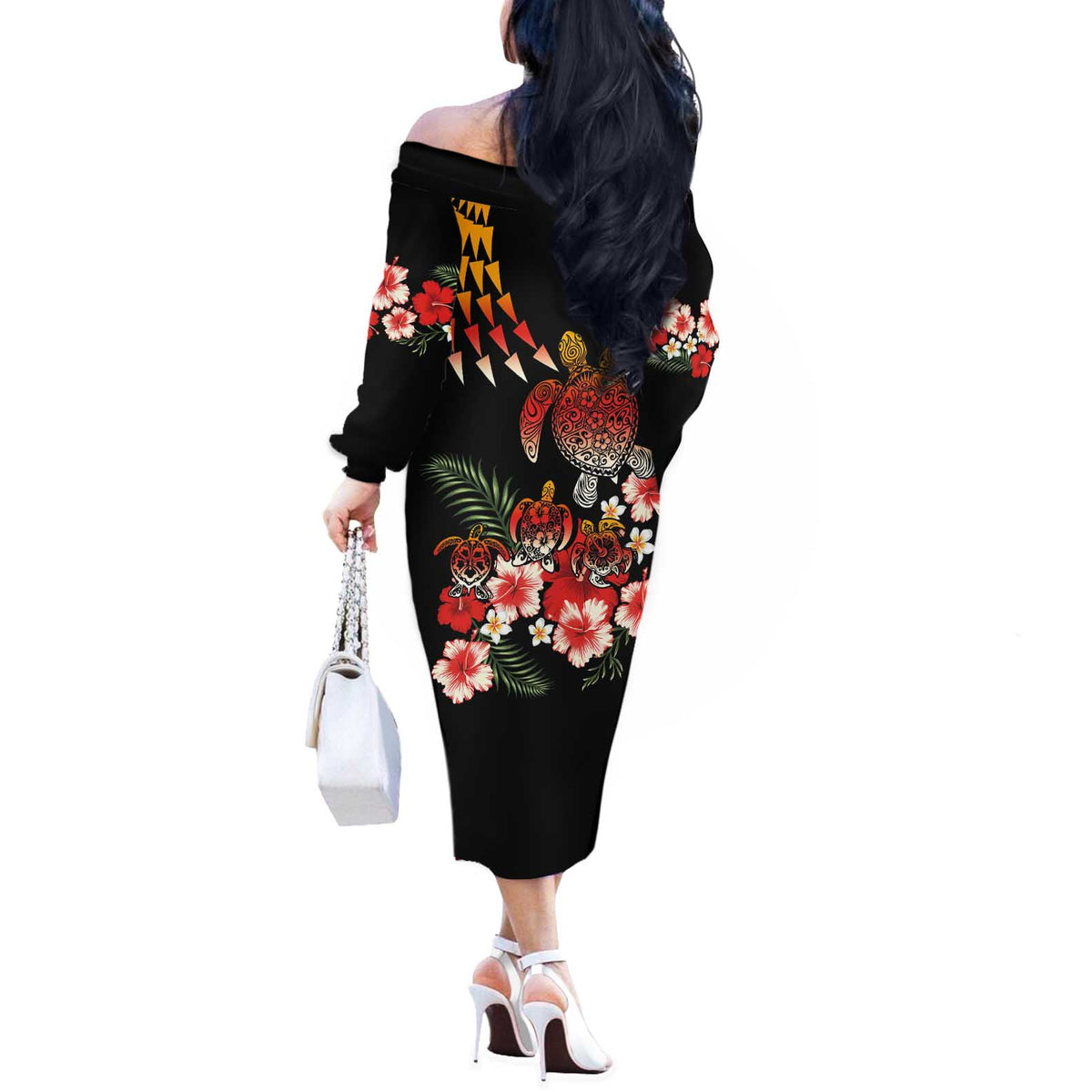 Hawaiian Hibiscus Turtle and Tropical Flower Off The Shoulder Long Sleeve Dress Dynamic Vibe
