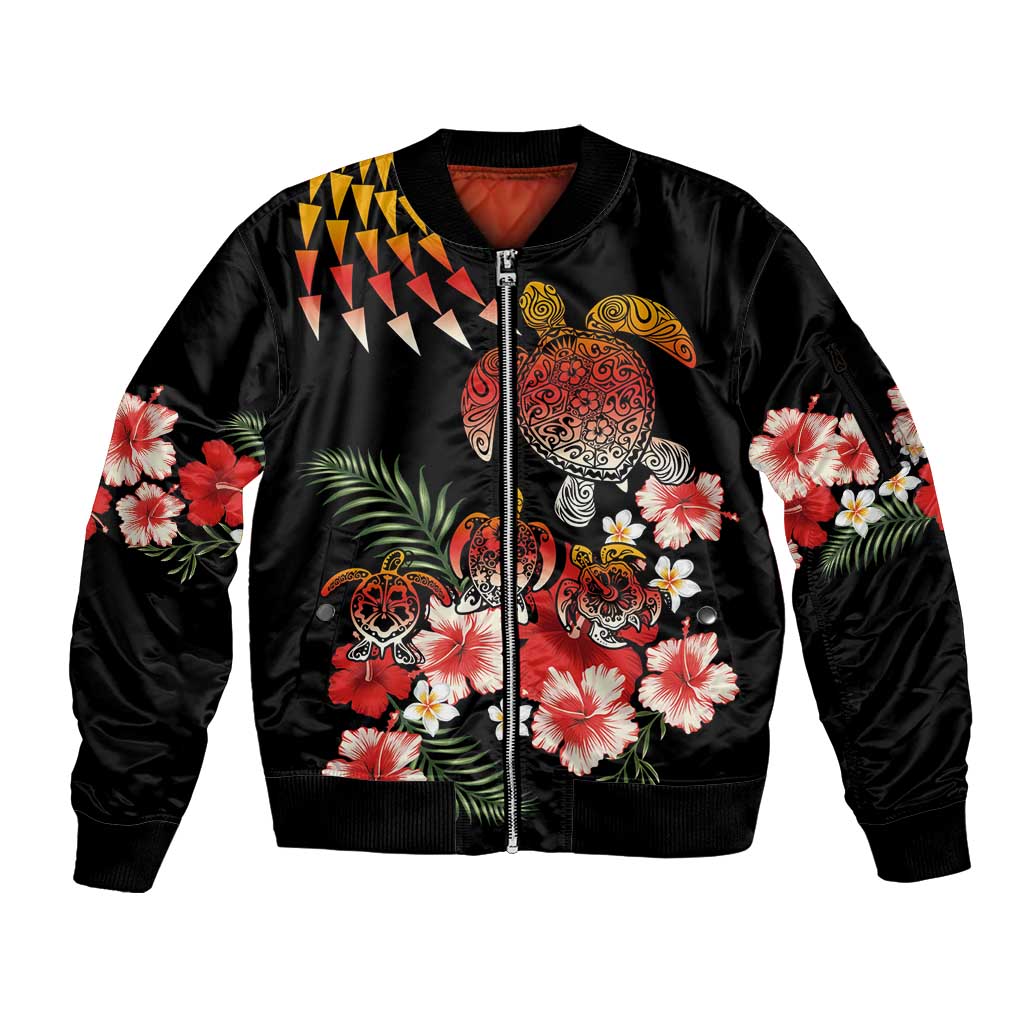 Hawaiian Hibiscus Turtle and Tropical Flower Sleeve Zip Bomber Jacket Dynamic Vibe