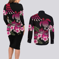 Hawaiian Hibiscus Turtle and Tropical Flower Couples Matching Long Sleeve Bodycon Dress and Long Sleeve Button Shirt Sweet Vibe