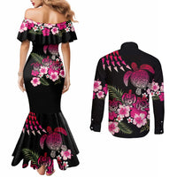 Hawaiian Hibiscus Turtle and Tropical Flower Couples Matching Mermaid Dress and Long Sleeve Button Shirt Sweet Vibe