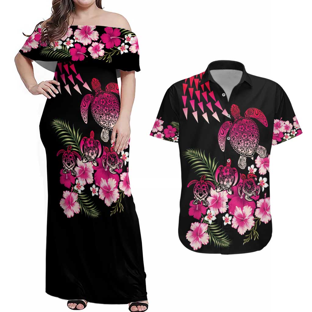 Hawaiian Hibiscus Turtle and Tropical Flower Couples Matching Off Shoulder Maxi Dress and Hawaiian Shirt Sweet Vibe