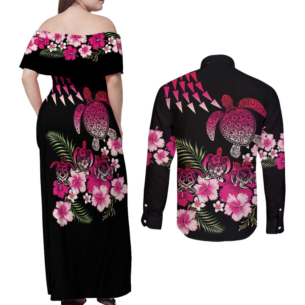 Hawaiian Hibiscus Turtle and Tropical Flower Couples Matching Off Shoulder Maxi Dress and Long Sleeve Button Shirt Sweet Vibe