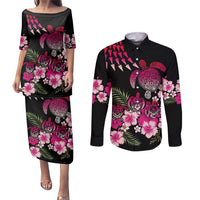 Hawaiian Hibiscus Turtle and Tropical Flower Couples Matching Puletasi and Long Sleeve Button Shirt Sweet Vibe LT03 Black - Polynesian Pride