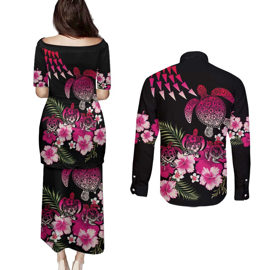 Hawaiian Hibiscus Turtle and Tropical Flower Couples Matching Puletasi and Long Sleeve Button Shirt Sweet Vibe LT03 - Polynesian Pride